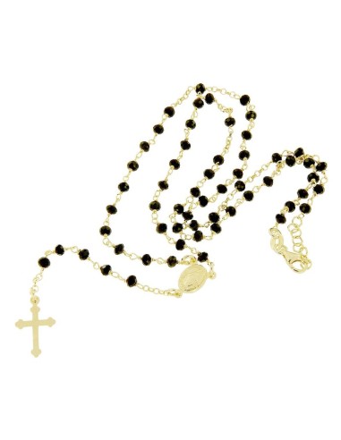 RO-40 - ROSARIO DE PLATA CHAPADO EN ORO CON CADENA DE 32 CM Y ANCHO DE 2 MM/PIEDRA NEGRA 4 MM Y COLGANTE DE 18 MM X 17 MM