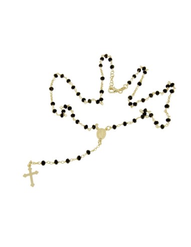 RO-40 - ROSARIO DE PLATA CHAPADO EN ORO CON CADENA DE 32 CM Y ANCHO DE 2 MM/PIEDRA NEGRA 4 MM Y COLGANTE DE 18 MM X 17 MM