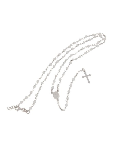 RO-44 - ROSARIO DE PLATA CON CADENA DE 34 CM Y ANCHO DE 2 MM/PIEDRA BLANCA 4 MM Y COLGANTE DE 17 MM X 11 MM