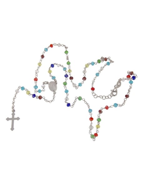 RO-42 - ROSARIO DE PLATA CON CADENA DE 32 CM Y ANCHO DE 2 MM/PIEDRA DE COLOR 3,5 MM Y COLGANTE DE 17 MM X 11 MM