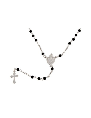 RO-31 - ROSARIO DE PLATA CON CADENA DE 34 CM Y ANCHO DE 2 MM/PIEDRA NEGRA 3,5 MM Y COLGANTE DE 16 MM X 10 MM