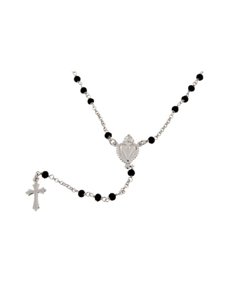 RO-31 - ROSARIO DE PLATA CON CADENA DE 34 CM Y ANCHO DE 2 MM/PIEDRA NEGRA 3,5 MM Y COLGANTE DE 16 MM X 10 MM